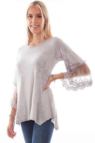 Scully Womens Tulle Crochet Silver Rayon S/S Blouse