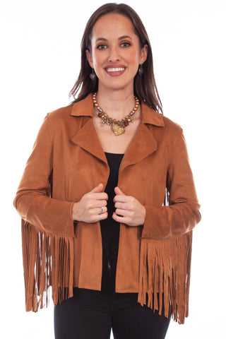 Scully Womens Trendy Fringe Brown Polyester Blend Faux Leather Jacket