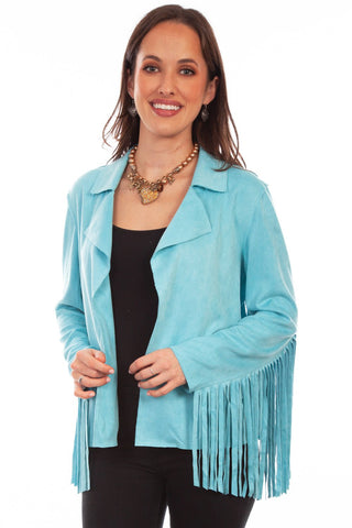 Scully Womens Western Fringe Turquoise Poly/Spandex Faux Leather Jacket