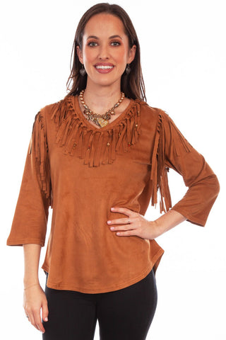 Scully Womens Pullover Fringe Brown Poly/Spandex S/S Tunic