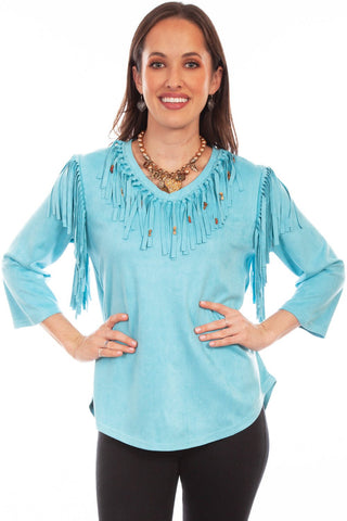 Scully Womens Pullover Fringe Turquoise Poly/Spandex S/S Tunic