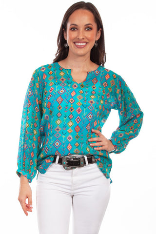 Scully Womens Keyhole Graphic Turquoise Rayon L/S Tunic