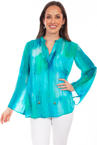 Scully Womens Artful Tie-Dye Aqua Rayon L/S Blouse