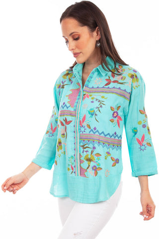 Scully Womens Double Gauze Turquoise 100% Cotton S/S Blouse