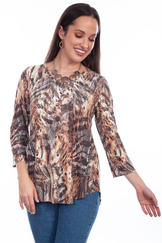 Scully Womens Cheetah Skin Tan Poly/Spandex S/S Blouse