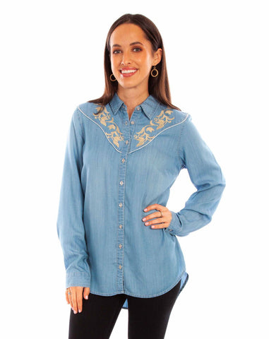 Scully Womens Tan Embroidery Blue 100% Tencel L/S Shirt