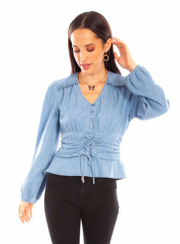 Scully Womens Lace-Up Peplum Denim 100% Cotton L/S Blouse