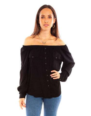 Scully Womens Off-the-Shoulder Black 100% Rayon L/S Blouse