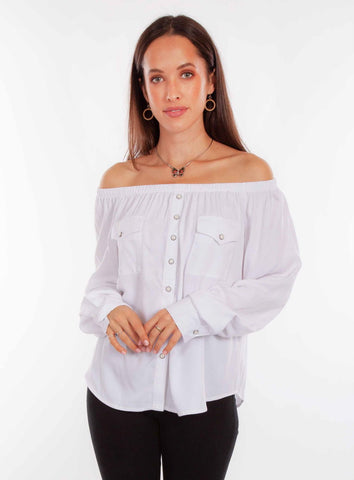 Scully Womens Off-the-Shoulder White 100% Rayon L/S Blouse