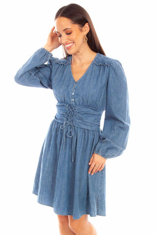 Scully Womens Lace Up Peplum Denim 100% Cotton L/S Dress S