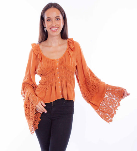 Scully Womens Ruffle Crochet Russet 100% Rayon L/S Blouse