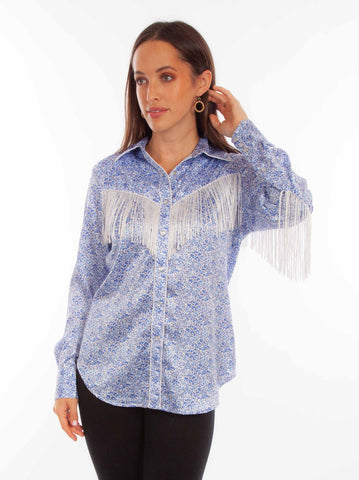 Scully Womens Rodeo Fringe Blue 100% Polyester L/S Blouse