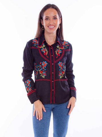 Scully Womens Chain Stitch Floral Black/Red 100% Viscose L/S Shirt
