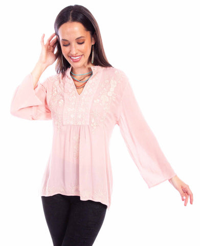 Scully Womens Tonal V-Neck Blush 100% Cotton L/S Blouse S