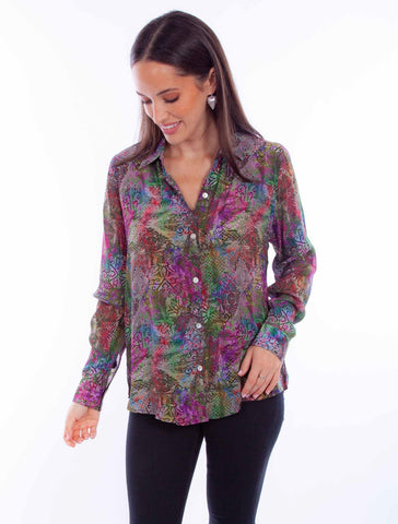 Scully Womens Vivid Distressed Multi-Color Rayon L/S Blouse