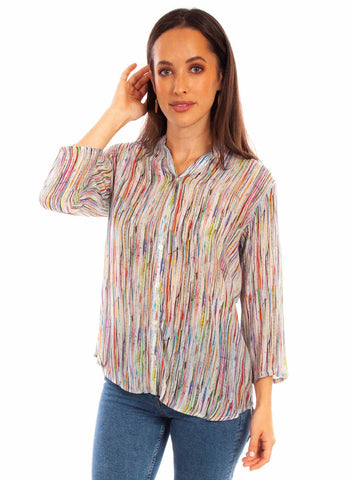 Scully Womens Abstract Striped Multi-Color Viscose 3/4 Sleeve S/S Blouse