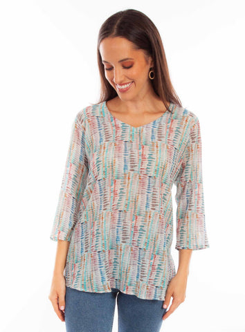 Scully Womens Abstract Striped Aqua Viscose 3/4 Sleeve S/S Tunic