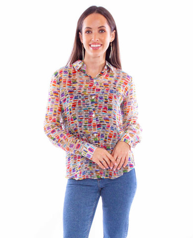 Scully Womens Stained Glass Multi-Color Rayon L/S Blouse