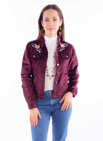 Scully Womens Embroidered Velvet Burgundy Cotton Blend Cotton Jacket