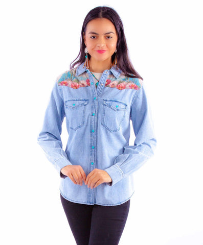 Scully Womens Microfiber Cactus Scene Denim Cotton Blend L/S Shirt