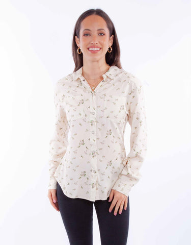 Scully Womens Ditsy Floral Print Ivory 100% Rayon L/S Blouse
