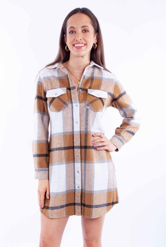 Scully Womens Plaid Flannel Camel Cotton Blend L/S Dress