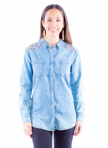 Scully Womens Acid Wash Blue 100% Cotton L/S Shirt
