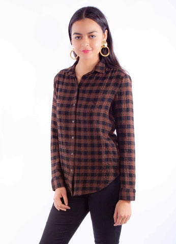 Scully Womens Plaid Button Up Brown Rayon Blend L/S Blouse