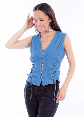 Scully Womens Lace Up Ties Blue Cotton Denim Vest