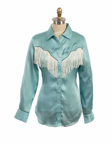 Scully Womens Retro Snap Fringe Turquoise 100% Polyester L/S Blouse S