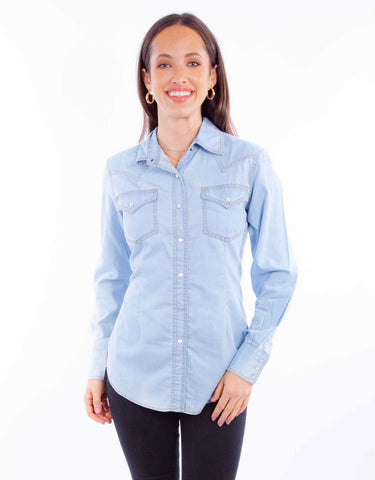 Scully Womens Contrast Thread Light Blue 100% Cotton L/S Shirt