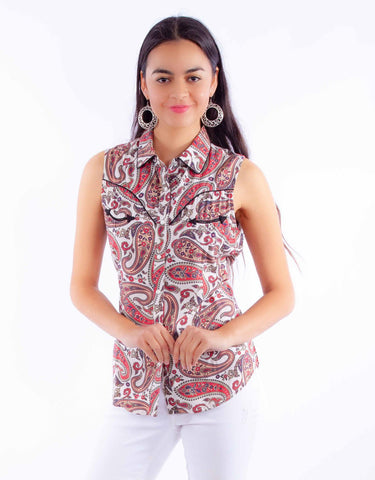 Scully Womens Bold Paisley Red 100% Rayon S/L Shirt