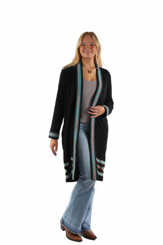 Scully Womens Double Knit Embroidered Black 100% Cotton Cardigan Sweater