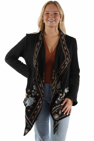 Scully Womens Embroidered Waterfall Front Black 100% Cotton Cardigan Sweater