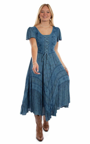 Scully Womens Fabric Lace-Up Tie Blue 100% Rayon S/S Dress