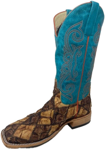 Horse Power Mens Patchwork Bass Cigar/Turquoise Pirarucu Cowboy Boots