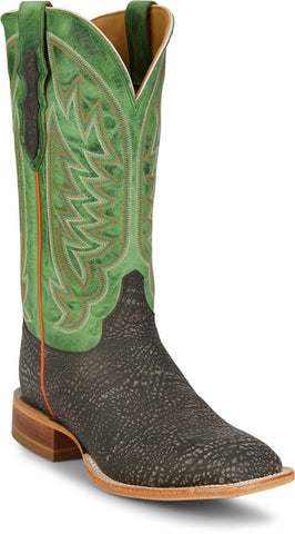Justin Mens Cowman 13in Shrunken Shoulder Chocolate/Green Leather Cowboy Boots