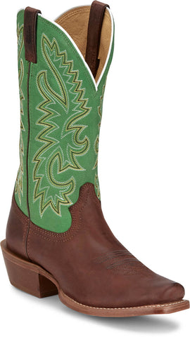 Justin Mens Show Off 13in Western Green/Bay Leather Frontier Cowboy Boots
