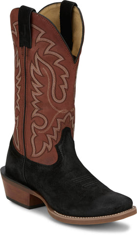 Justin Mens Cowboy Town 13in Western Onyx/Red Suede Frontier Cowboy Boots