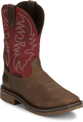 Justin Mens Thorn 11in MetGuard WP CT Peanut/Red Leather Work Boots