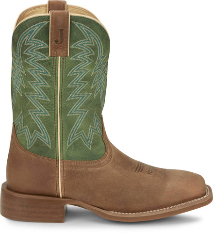 Justin Mens Big Bucks 11in Western Tan/Green Leather Frontier Cowboy Boots