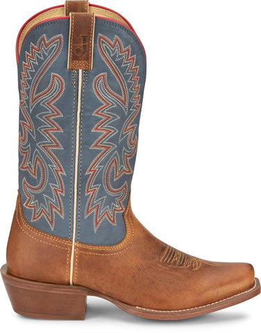 Justin Mens Show Off 13in Western Blue/Oily Tan Leather Frontier Cowboy Boots