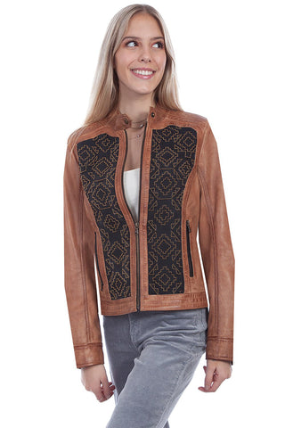 Scully Womens Cognac Lamb Leather Beaded Panel Jacket M