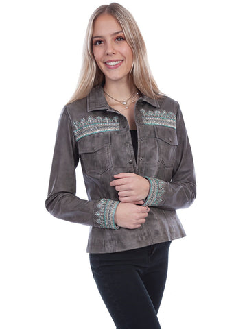 Scully Womens Vintage Beaded Grey Leather Leather Jacket