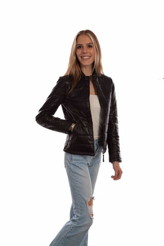 Scully Womens Zip Front Ribbed Black Lamb Leather Leather Jacket