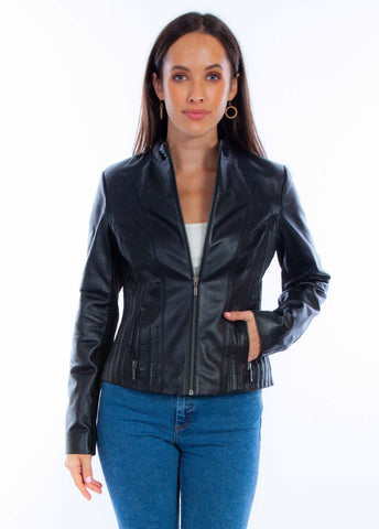 Scully Womens Ribbed Motorcycle Black Lamb Leather Leather Jacket