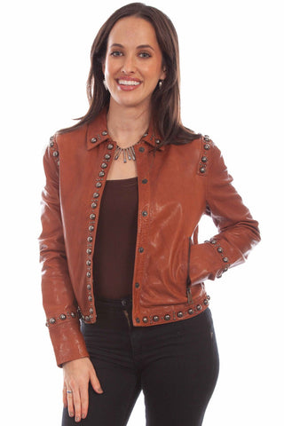 Scully Womens Snap Front Studded Brown Leather Leather Jacket
