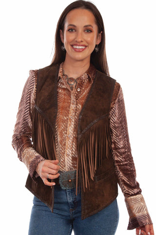 Scully Womens Pickstitch Fringe Chocolate Leather Leather Vest