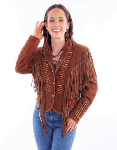 Scully Womens Whip Stitch Fringe Cafe Brown Leather Leather Jacket