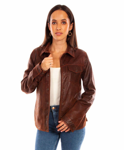 Scully Womens Western Snap Front Brown Leather Leather Jacket